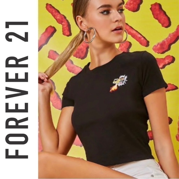 FOREVER 21 Cheetos Flamin’ Hot Black Crop Top (M) Chester Cheetah Tee Shirt F21 - Picture 1 of 8